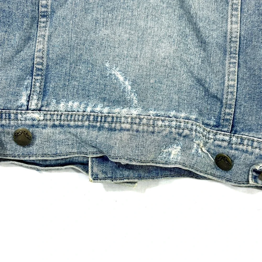 Free People Cotton Denim Jean Knit Hoodie Collared Layered Jacket Blue Gray S - Picture 11 of 12